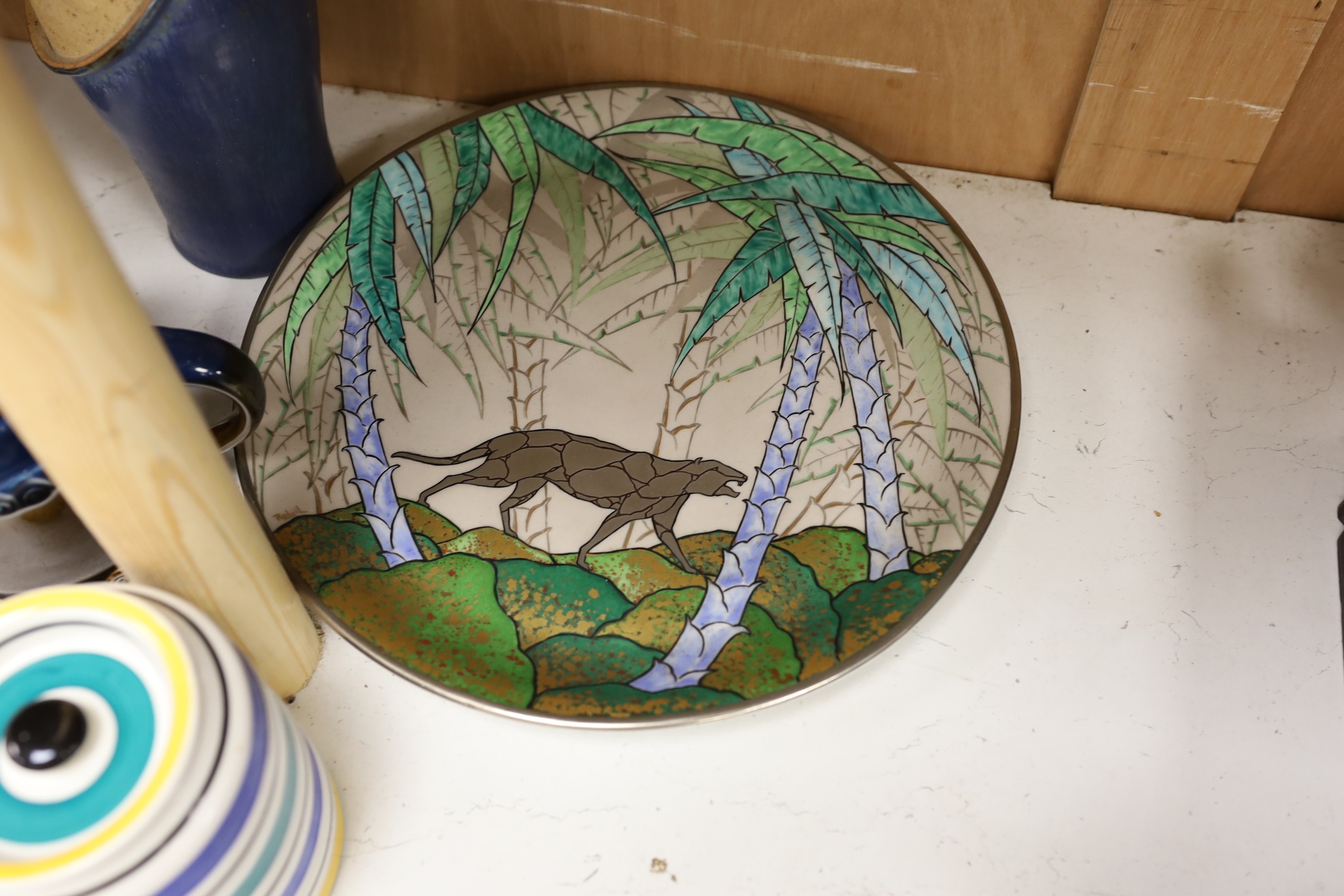 A Scandinavian Mari Simmulson rectangular figural pottery dish, with other assorted Scandinavian and European ceramics, including three Susie Cooper plates, dish: 18cms wide x 27cms high.
